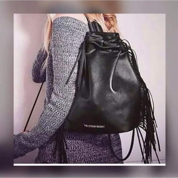 Victoria's Secret Black Boho Faux Leather Fringe Backpack Purse EUC - Picture 1 of 8